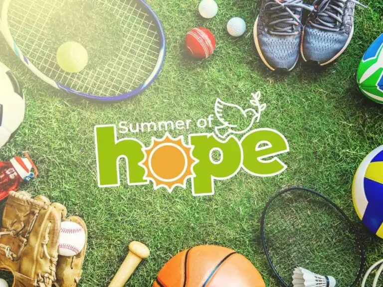 Sporting equipment arranged around the words Summer of Hope
