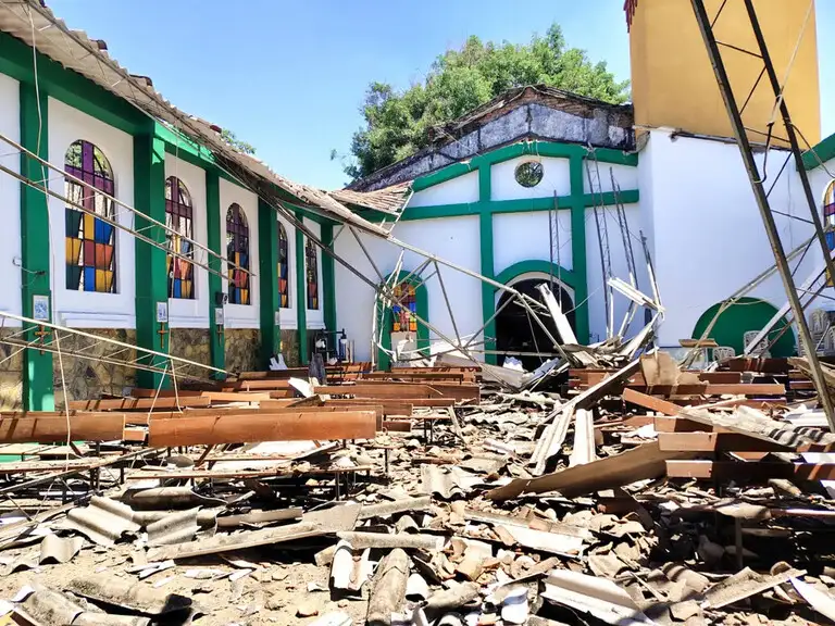 Damaged church buildings.